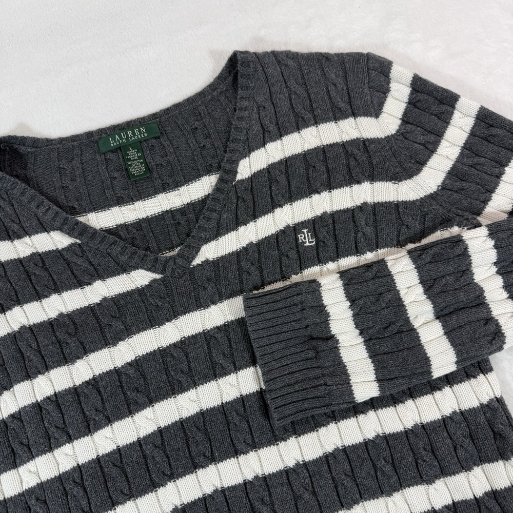 Lauren Ralph Lauren Women's Gray White Striped Cable Knit Sweater Sz LG Coastal